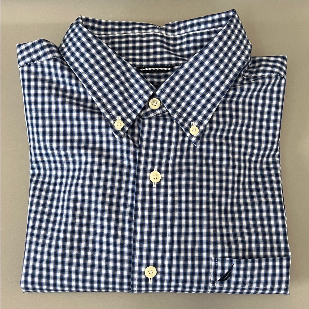 Nautica Cotton Button Down Long Sleeve Shirt Blue Plaid Size Large